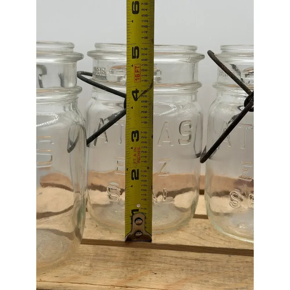 Vintage Atlas E-Z Seal Pint Mason Jars with Wire Bails (Set of 4, No Lids)- 5.5”